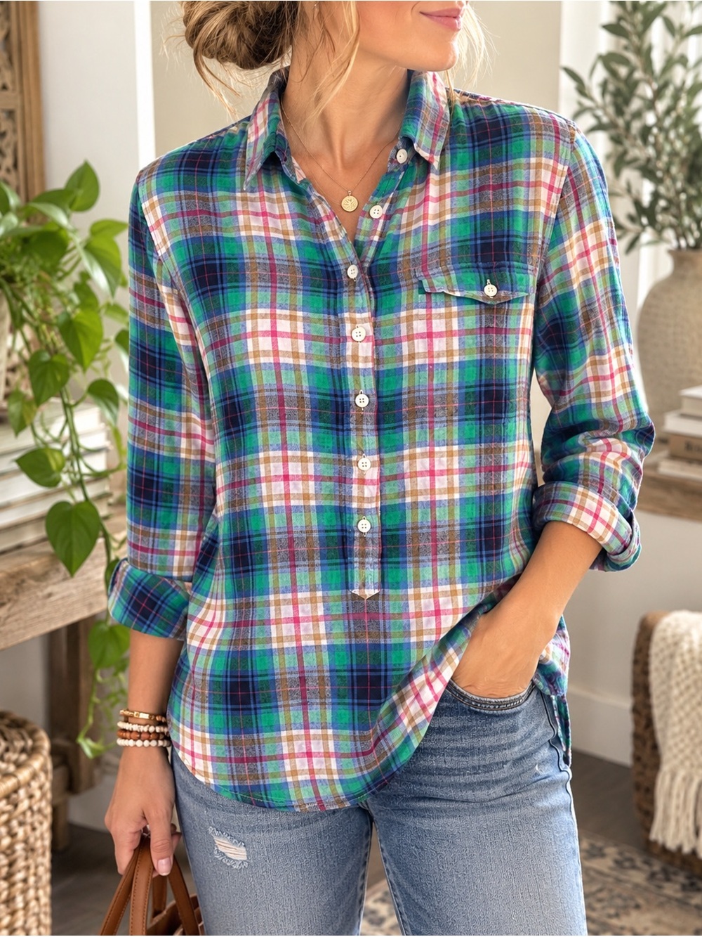 J.Crew 2013 Plaid Cotton Popover Shirt Small Green Blue Pink Preppy